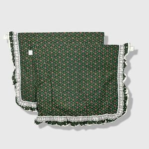 80s Floral Cafe Curtains Set 29x21 Green Cottagecore Lace Trim Vintage Style